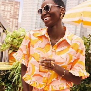 Kate Spade Peaches Ruffle Linen Button-down Boxy Preppy Fun Crop Shirt